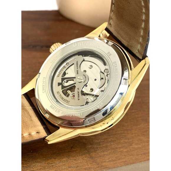 Bulova Men's Watch 97A121 Automatic Gold Tone Case Brown Leather Band 41mm - Picture 7 of 14
